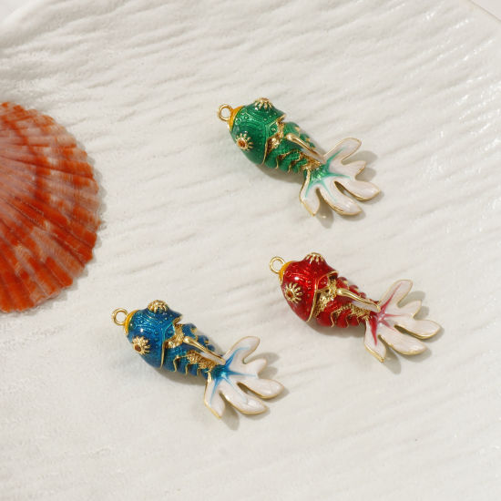 Immagine di 1 Piece Eco-friendly Brass Ocean Jewelry Pendants 18K Real Gold Plated Enamel Fish Animal Movable Orange Cubic Zirconia 3.6cm x 1.8cm