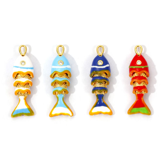 Picture of 1 Piece Eco-friendly Brass Ocean Jewelry Charms 18K Real Gold Plated Enamel Fish Animal Movable Clear Cubic Zirconia 28mm x 9mm