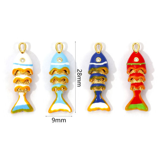 Picture of 1 Piece Eco-friendly Brass Ocean Jewelry Charms 18K Real Gold Plated Enamel Fish Animal Movable Clear Cubic Zirconia 28mm x 9mm