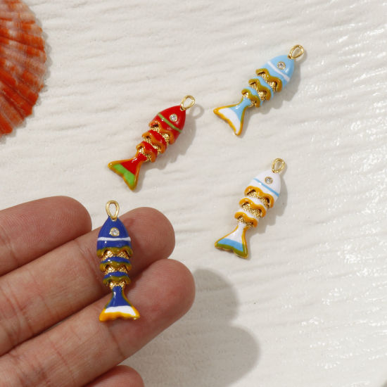 Picture of 1 Piece Eco-friendly Brass Ocean Jewelry Charms 18K Real Gold Plated Enamel Fish Animal Movable Clear Cubic Zirconia 28mm x 9mm