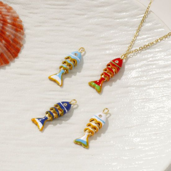Picture of 1 Piece Eco-friendly Brass Ocean Jewelry Charms 18K Real Gold Plated Enamel Fish Animal Movable Clear Cubic Zirconia 28mm x 9mm