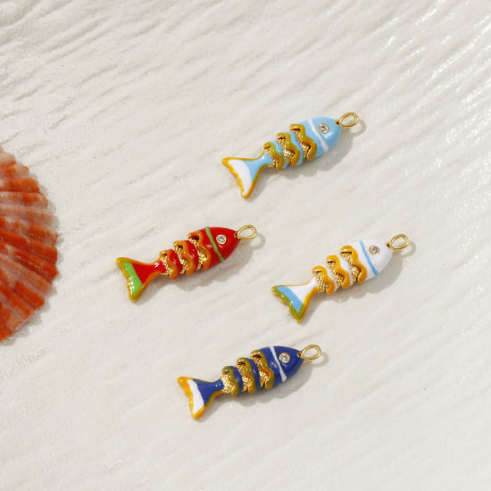 Picture of 1 Piece Eco-friendly Brass Ocean Jewelry Charms 18K Real Gold Plated Enamel Fish Animal Movable Clear Cubic Zirconia 28mm x 9mm