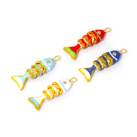 Picture of 1 Piece Eco-friendly Brass Ocean Jewelry Charms 18K Real Gold Plated Enamel Fish Animal Movable Clear Cubic Zirconia 28mm x 9mm
