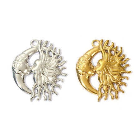 2 PCs Eco-friendly PVD Vacuum Plating 304 Stainless Steel Galaxy Pendants Sun Moon Face 3.3cm x 2.8cm