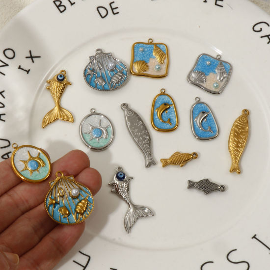 Picture of Eco-friendly PVD Vacuum Plating 304 Stainless Steel Ocean Jewelry Charms Silver Tone