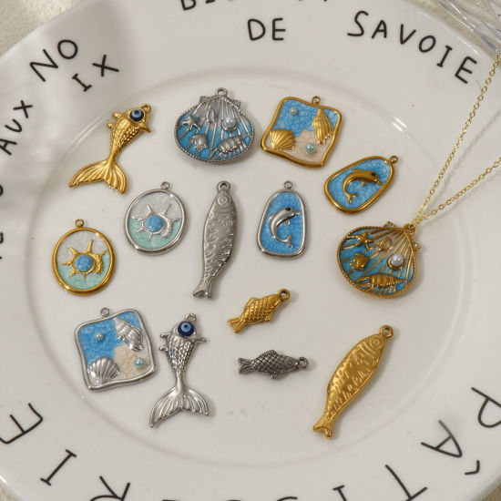 Picture of Eco-friendly PVD Vacuum Plating 304 Stainless Steel Ocean Jewelry Charms Silver Tone