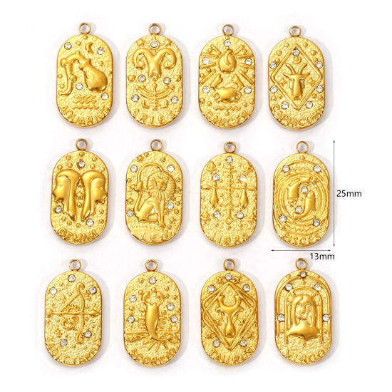 Picture of Eco-friendly PVD Vacuum Plating 304 Stainless Steel Charms 18K Real Gold Plated Oval Clear Cubic Zirconia 25mm x 13mm