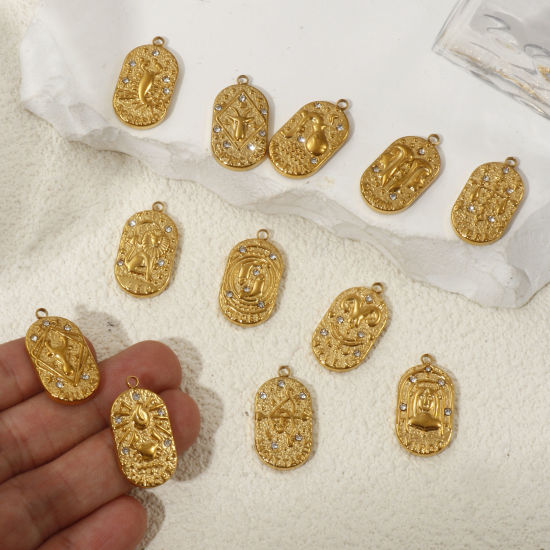 Picture of Eco-friendly PVD Vacuum Plating 304 Stainless Steel Charms 18K Real Gold Plated Oval Clear Cubic Zirconia 25mm x 13mm