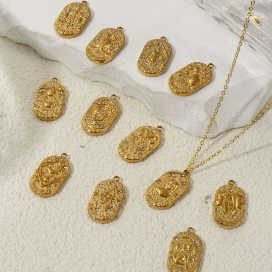 Picture of Eco-friendly PVD Vacuum Plating 304 Stainless Steel Charms 18K Real Gold Plated Oval Clear Cubic Zirconia 25mm x 13mm