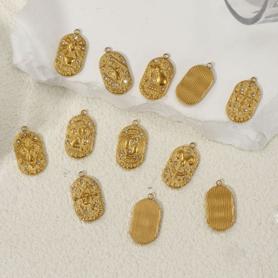 Picture of Eco-friendly PVD Vacuum Plating 304 Stainless Steel Charms 18K Real Gold Plated Oval Clear Cubic Zirconia 25mm x 13mm