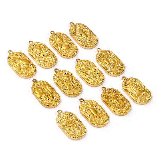Picture of Eco-friendly PVD Vacuum Plating 304 Stainless Steel Charms 18K Real Gold Plated Oval Clear Cubic Zirconia 25mm x 13mm