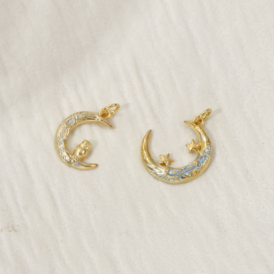 2 PCs Eco-friendly Brass Galaxy Charms 18K Real Gold Plated Enamel Half Moon 22mm x 17mm の画像