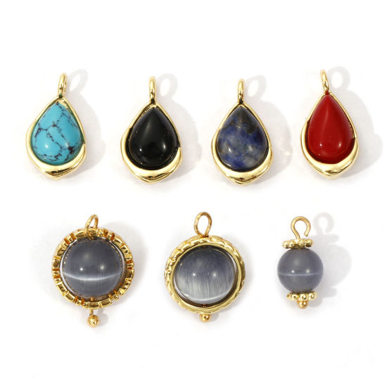 2 PCs Eco-friendly Brass & Gemstone Charms 18K Real Gold Plated の画像