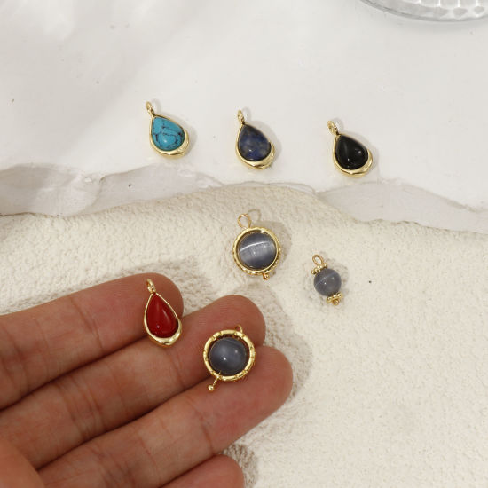 2 PCs Eco-friendly Brass & Gemstone Charms 18K Real Gold Plated の画像