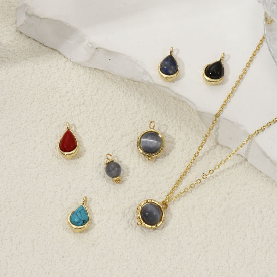2 PCs Eco-friendly Brass & Gemstone Charms 18K Real Gold Plated の画像