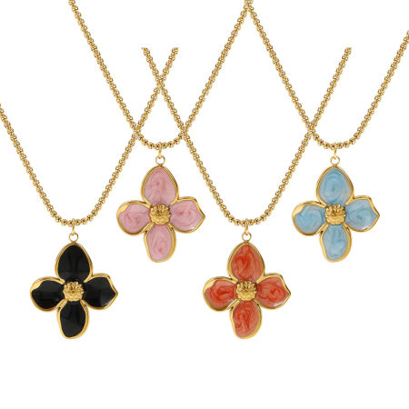 18K Real Gold Plated Box Chain Flower Pendant Charm Necklace, 304 Stainless Steel 45cm(17.7") + 5cm(2"), For Women, Enamel Sweet & Cute Gift, Eco-friendly PVD Vacuum Plating, 1 Piece