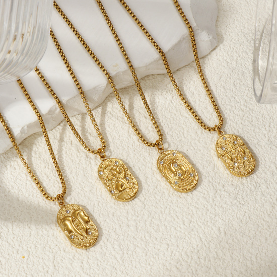 Immagine di 18K Vero Oro Placcato Catena a Casella Ovale Collana con Ciondolo, 304 Acciaio Inossidabile 45cm + 5cm, Unisex, Trasparente Cubic Zirconiae Squisito Regalo, Placcatura Sottovuoto PVD Ecologica, 1 Pz