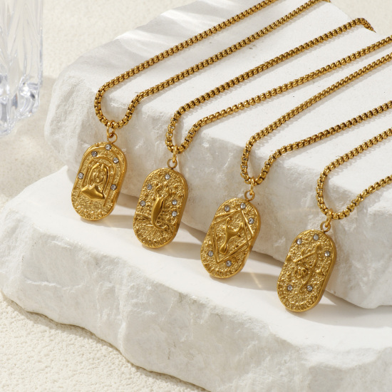Immagine di 18K Vero Oro Placcato Catena a Casella Ovale Collana con Ciondolo, 304 Acciaio Inossidabile 45cm + 5cm, Unisex, Trasparente Cubic Zirconiae Squisito Regalo, Placcatura Sottovuoto PVD Ecologica, 1 Pz