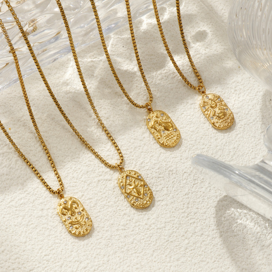 Immagine di 18K Vero Oro Placcato Catena a Casella Ovale Collana con Ciondolo, 304 Acciaio Inossidabile 45cm + 5cm, Unisex, Trasparente Cubic Zirconiae Squisito Regalo, Placcatura Sottovuoto PVD Ecologica, 1 Pz