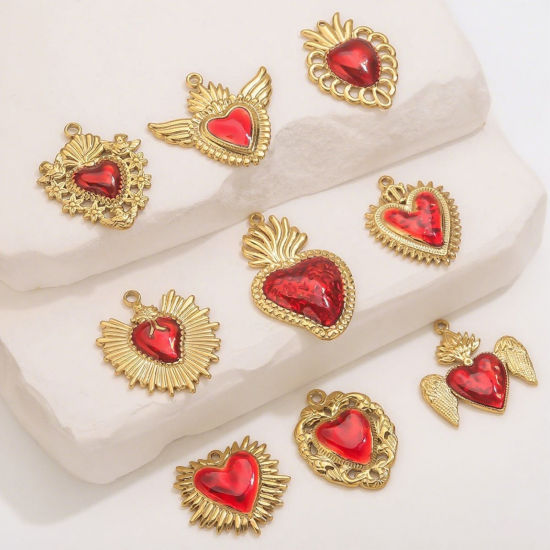 Изображение 1 Piece Eco-friendly PVD Vacuum Plating 304 Stainless Steel Pendant Charm Necklace 18K Gold Plated Red Heart Enamel