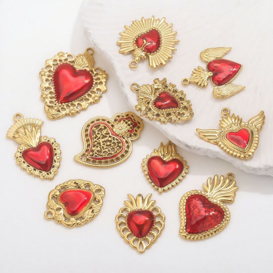 Изображение 1 Piece Eco-friendly PVD Vacuum Plating 304 Stainless Steel Pendant Charm Necklace 18K Gold Plated Red Heart Enamel