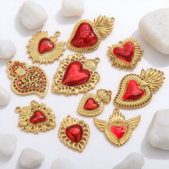 Изображение 1 Piece Eco-friendly PVD Vacuum Plating 304 Stainless Steel Pendant Charm Necklace 18K Gold Plated Red Heart Enamel