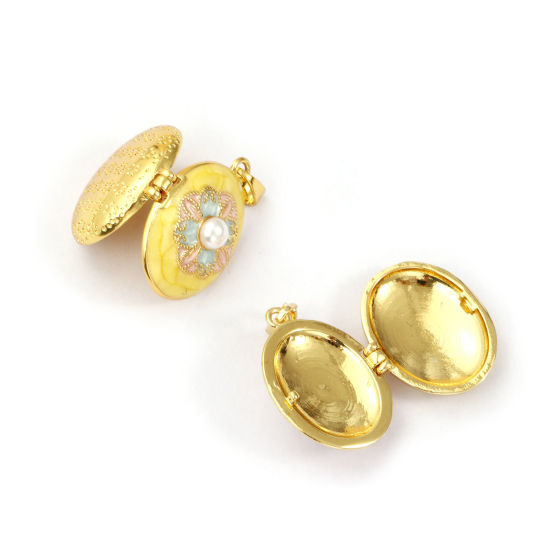 Picture of Brass Picture Photo Locket Frame Pendants 18K Gold Plated Enamel Oval Flower Acrylic Imitation Pearl