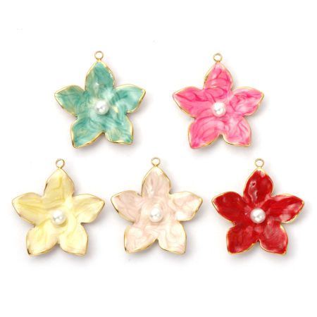 Image de 1 Pièce Breloques en 304 Acier Inoxydable Revêtement sous Vide PVD Respectueux de l'Environnement Plaqué Or Véritable 18K Émail Fleur Perle Imitation Acrylique 25mm x 23mm