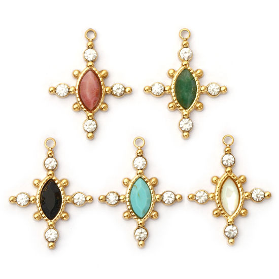 Picture of Eco-friendly PVD Vacuum Plating 304 Stainless Steel & Gemstone Charms 18K Real Gold Plated Cross Clear Rhinestone 22mm x 17mm