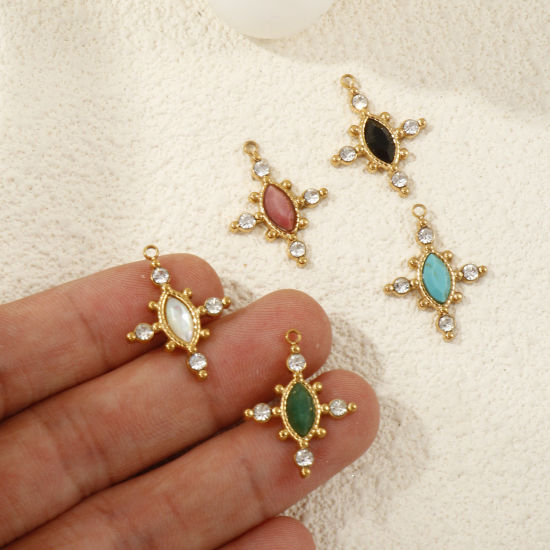 Picture of Eco-friendly PVD Vacuum Plating 304 Stainless Steel & Gemstone Charms 18K Real Gold Plated Cross Clear Rhinestone 22mm x 17mm