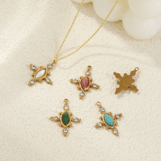 Picture of Eco-friendly PVD Vacuum Plating 304 Stainless Steel & Gemstone Charms 18K Real Gold Plated Cross Clear Rhinestone 22mm x 17mm
