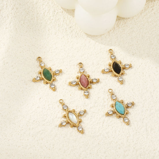 Picture of Eco-friendly PVD Vacuum Plating 304 Stainless Steel & Gemstone Charms 18K Real Gold Plated Cross Clear Rhinestone 22mm x 17mm