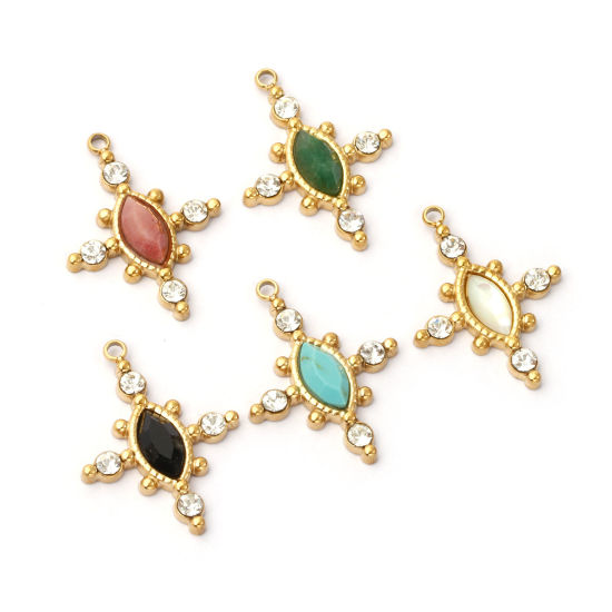 Picture of Eco-friendly PVD Vacuum Plating 304 Stainless Steel & Gemstone Charms 18K Real Gold Plated Cross Clear Rhinestone 22mm x 17mm