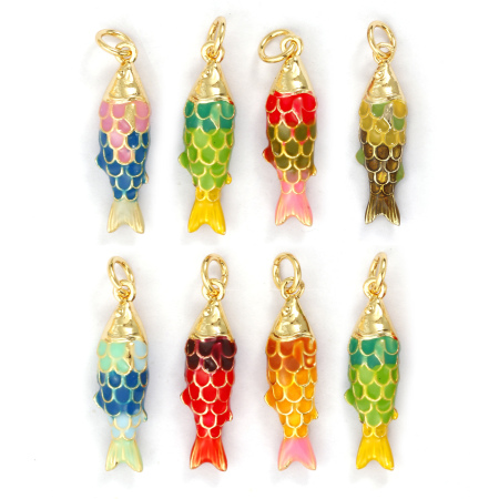 Bild von Umweltfreundlich Messing Ozean Schmuck Charms 18K Echtgold plattiert Bunt Emaille Fisch 3D 26mm x 6.5mm
