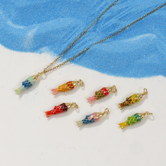 Immagine di 1 Piece Eco-friendly Brass Ocean Jewelry Charms 18K Real Gold Plated Multicolor Enamel Fish Animal 3D 26mm x 6.5mm