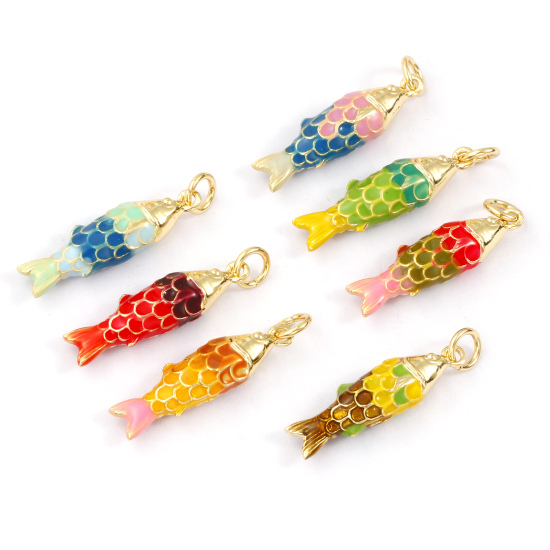 Immagine di 1 Piece Eco-friendly Brass Ocean Jewelry Charms 18K Real Gold Plated Multicolor Enamel Fish Animal 3D 26mm x 6.5mm