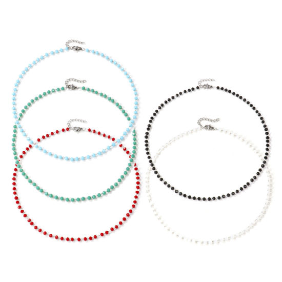 Изображение Серебряный Тон Цепочка из бисера Колье Ожерелье, 304 Нержавеющая Сталь+Кристалл 38см + 3см, Для женщин, Шлифованный, Изысканный подарок, Экологичный, 1 ШТ