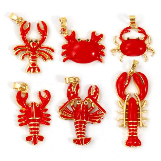 Immagine di 2 PCs Brass Ocean Jewelry Pendants 18K Gold Plated Red Enamel