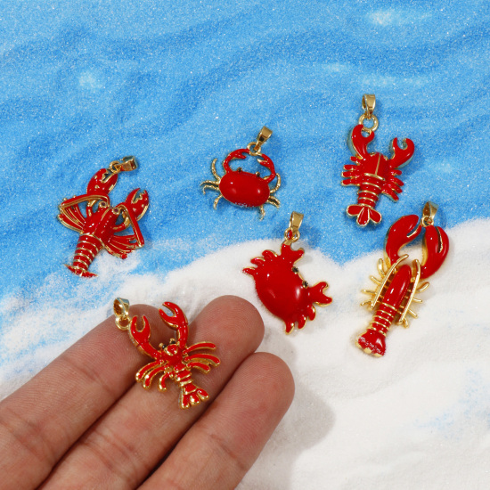 Immagine di 2 PCs Brass Ocean Jewelry Pendants 18K Gold Plated Red Enamel
