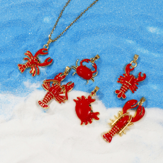 Immagine di 2 PCs Brass Ocean Jewelry Pendants 18K Gold Plated Red Enamel