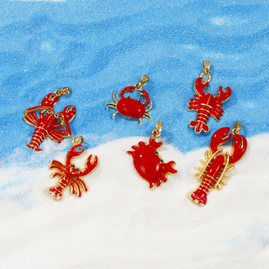 Immagine di 2 PCs Brass Ocean Jewelry Pendants 18K Gold Plated Red Enamel
