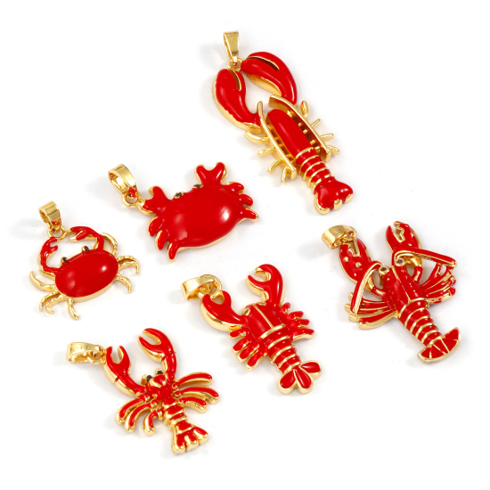 Immagine di 2 PCs Brass Ocean Jewelry Pendants 18K Gold Plated Red Enamel