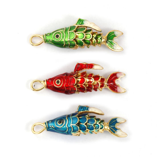 Imagen de 1 Piece Brass Ocean Jewelry Pendants 18K Gold Plated Enamel Fish Animal 3D Movable 3.8cm x 1.3cm