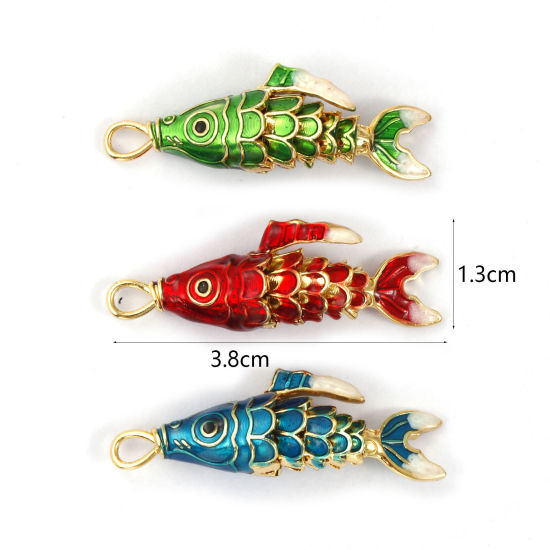 Imagen de 1 Piece Brass Ocean Jewelry Pendants 18K Gold Plated Enamel Fish Animal 3D Movable 3.8cm x 1.3cm