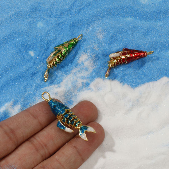 Imagen de 1 Piece Brass Ocean Jewelry Pendants 18K Gold Plated Enamel Fish Animal 3D Movable 3.8cm x 1.3cm