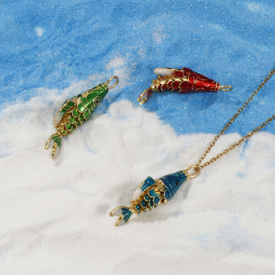 Imagen de 1 Piece Brass Ocean Jewelry Pendants 18K Gold Plated Enamel Fish Animal 3D Movable 3.8cm x 1.3cm