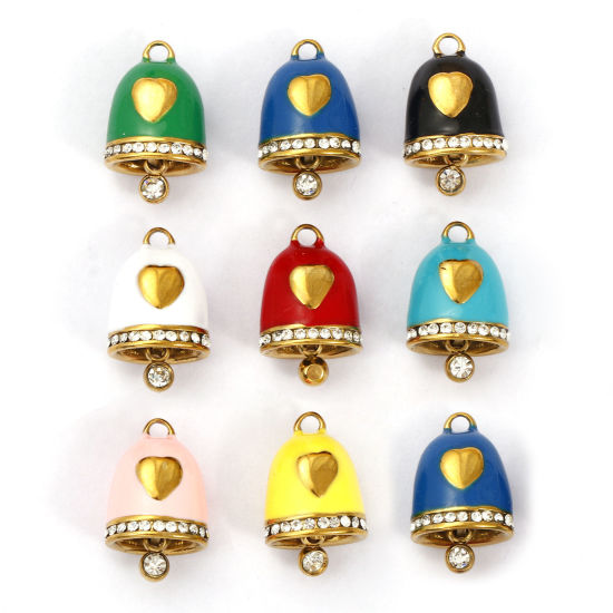 Immagine di 1 Pz Placcatura Sottovuoto 304 Acciaio Inossidabile Natale Ciondoli Placcato Oro 18K Smalto Campana Cuore Micro Spianare Trasparente Strass 15mm x 10mm