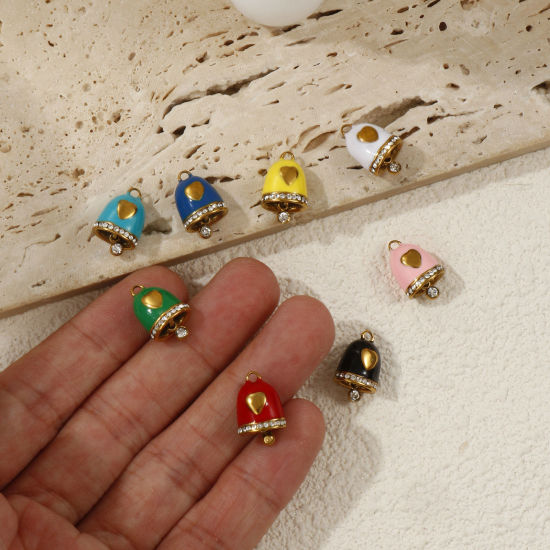 Immagine di 1 Pz Placcatura Sottovuoto 304 Acciaio Inossidabile Natale Ciondoli Placcato Oro 18K Smalto Campana Cuore Micro Spianare Trasparente Strass 15mm x 10mm