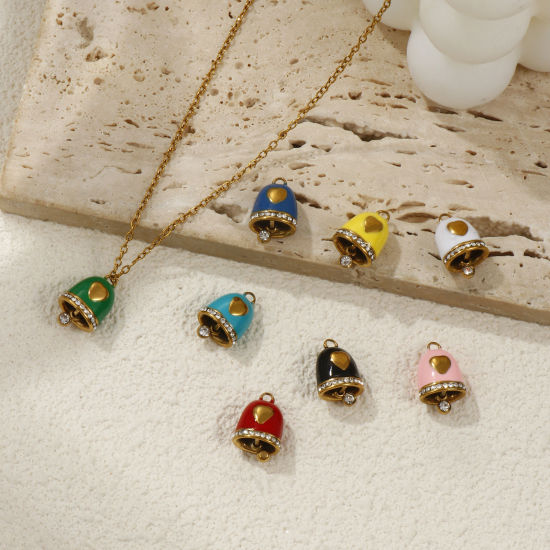 Immagine di 1 Pz Placcatura Sottovuoto 304 Acciaio Inossidabile Natale Ciondoli Placcato Oro 18K Smalto Campana Cuore Micro Spianare Trasparente Strass 15mm x 10mm