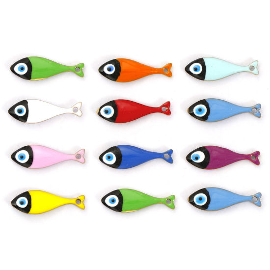 Immagine di 2 Pz Placcatura Sottovuoto PVD Ecologica 304 Acciaio Inossidabile Sequins Smaltati Ciondoli Placcato Oro 18K Pesce Smalto a Doppia Faccia 20mm x 6.5mm